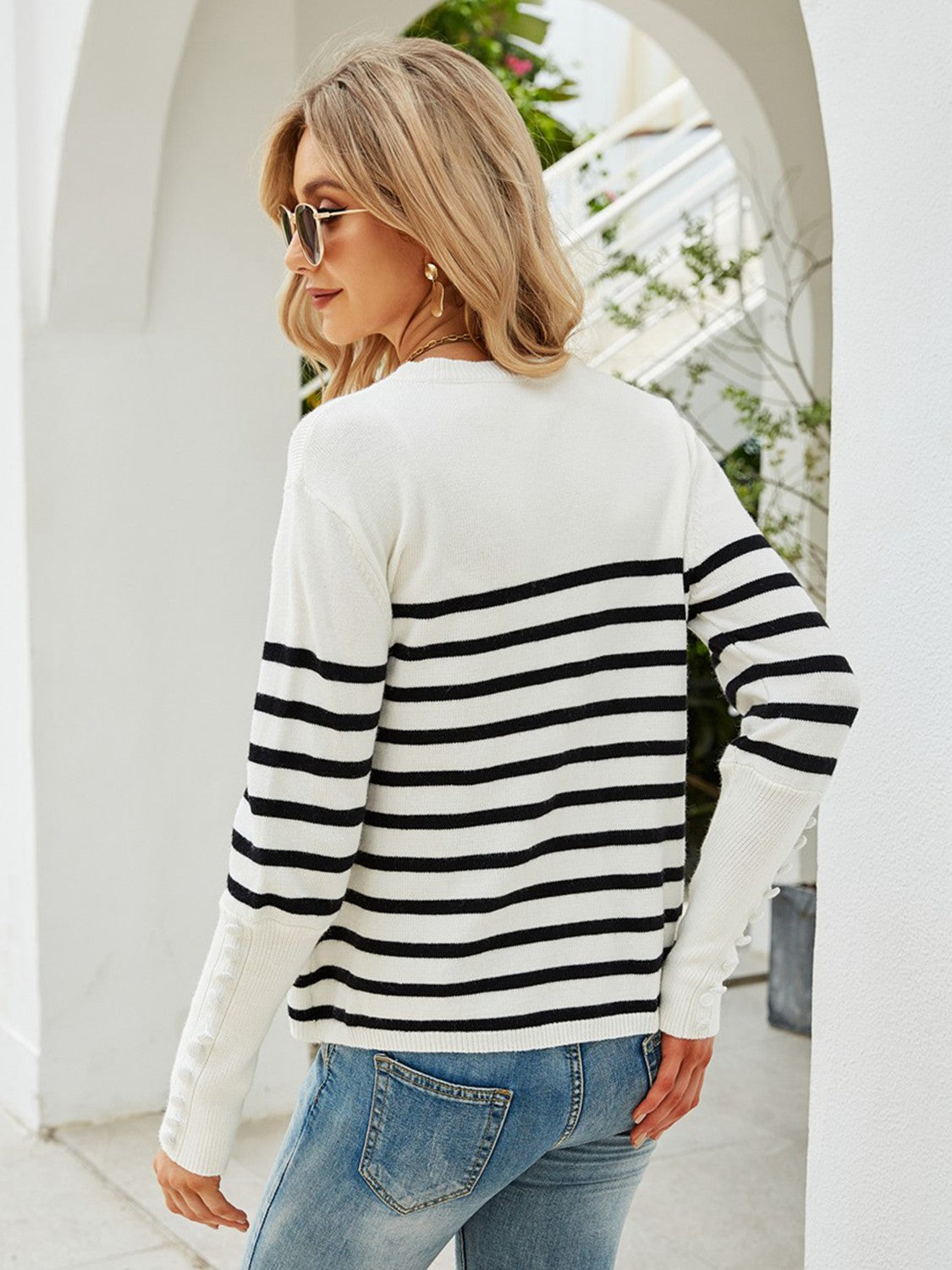 Striped Decorative Button Knit Top  Shirts & Tops- Doll Fits
