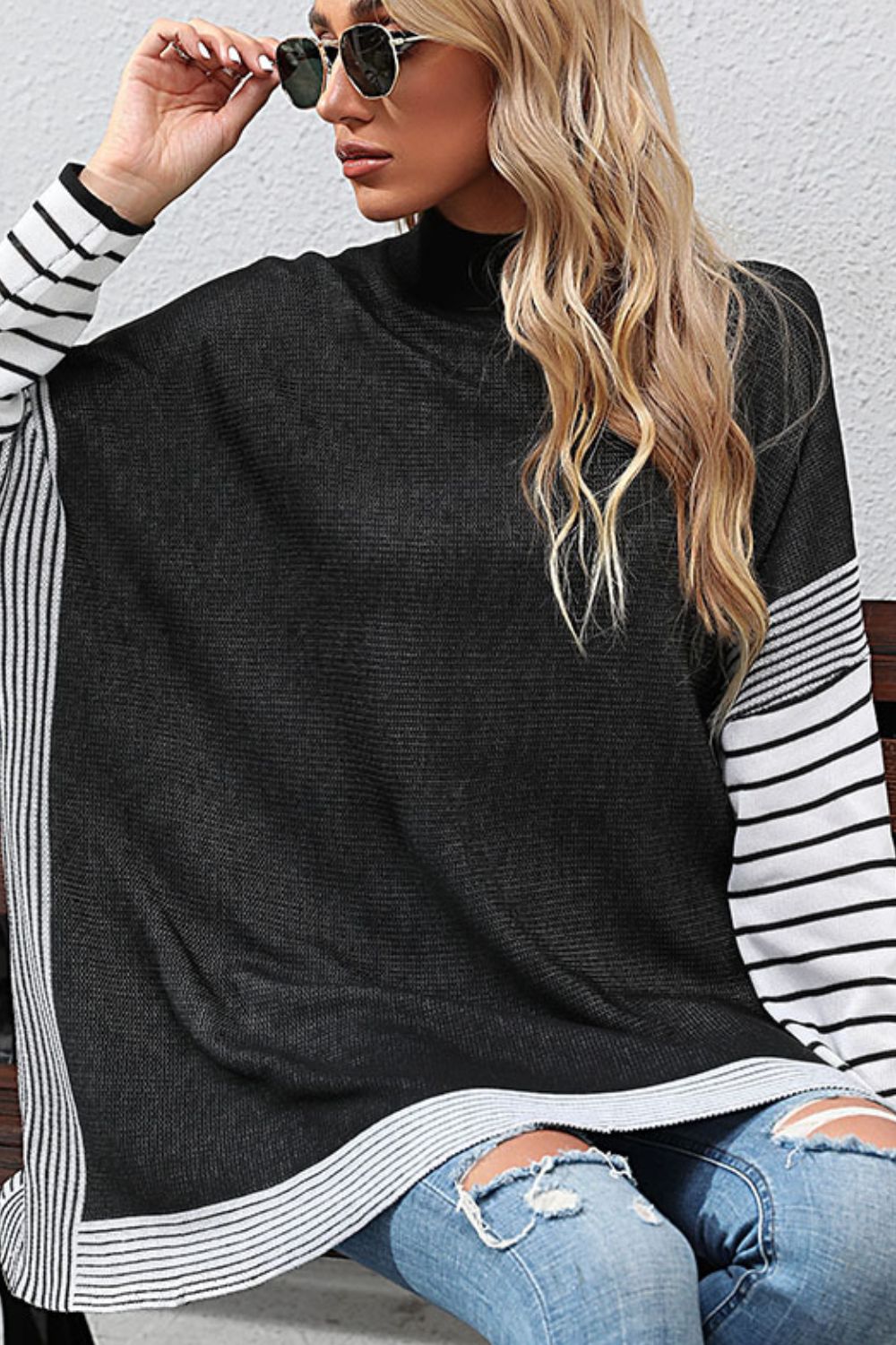 Striped Dolman Sleeve Mock Neck Knit Pullover  Shirts & Tops- Doll Fits