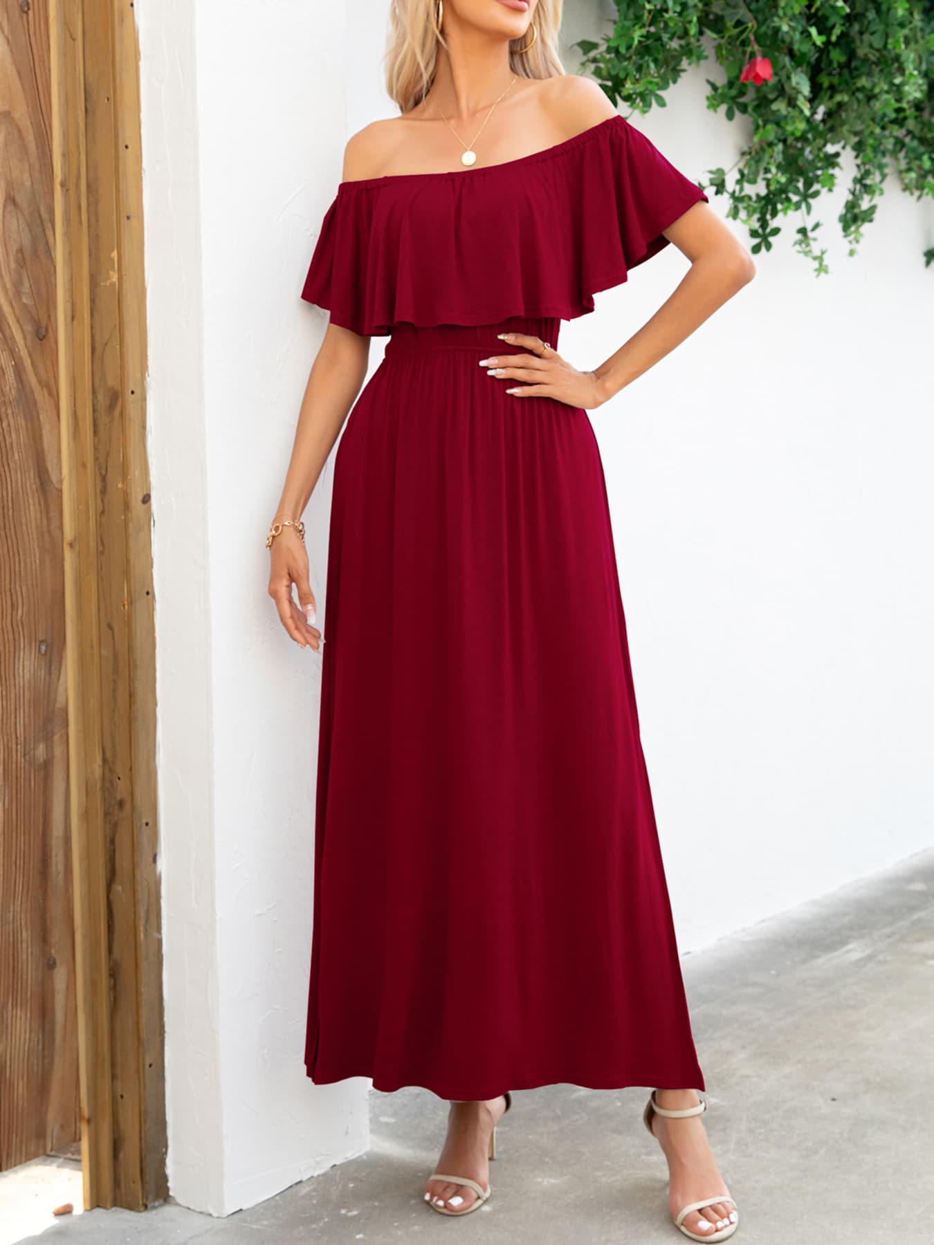 Off-Shoulder Slit Maxi Dress  Dresses- Doll Fits