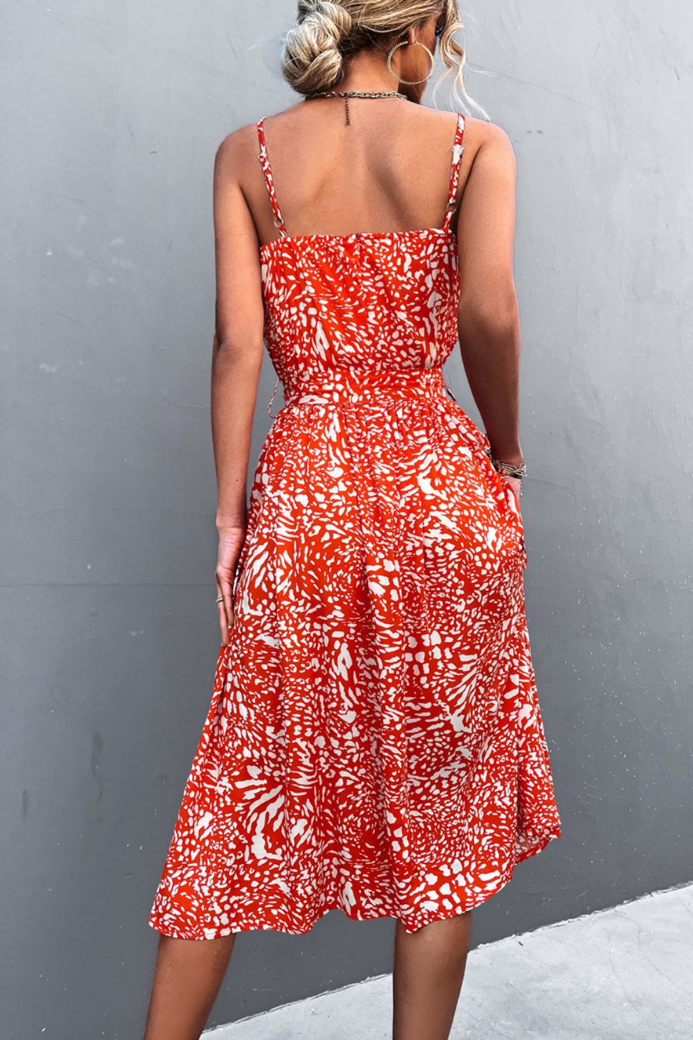 Printed Spaghetti Strap Decorative Button Belted Dress  Dresses- Doll Fits