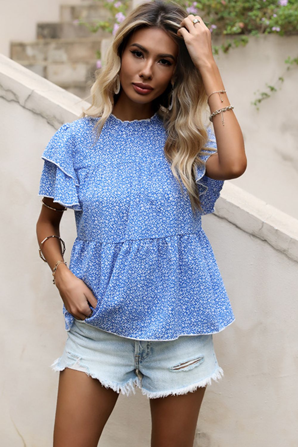 Ditsy Floral Layered Flutter Sleeve Blouse  Shirts & Tops- Doll Fits