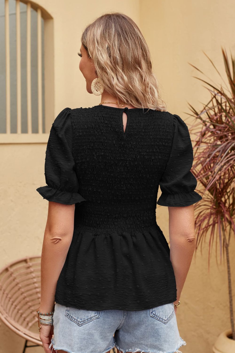 Swiss Dot Smocked Peplum Blouse  Shirts & Tops- Doll Fits