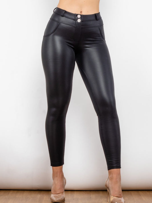 Matte PU Leather Buttoned Long Pants  - Doll Fits