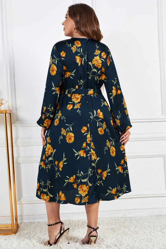 Melo Apparel Plus Size Floral Print Surplice Neck Midi Dress  Dresses- Doll Fits
