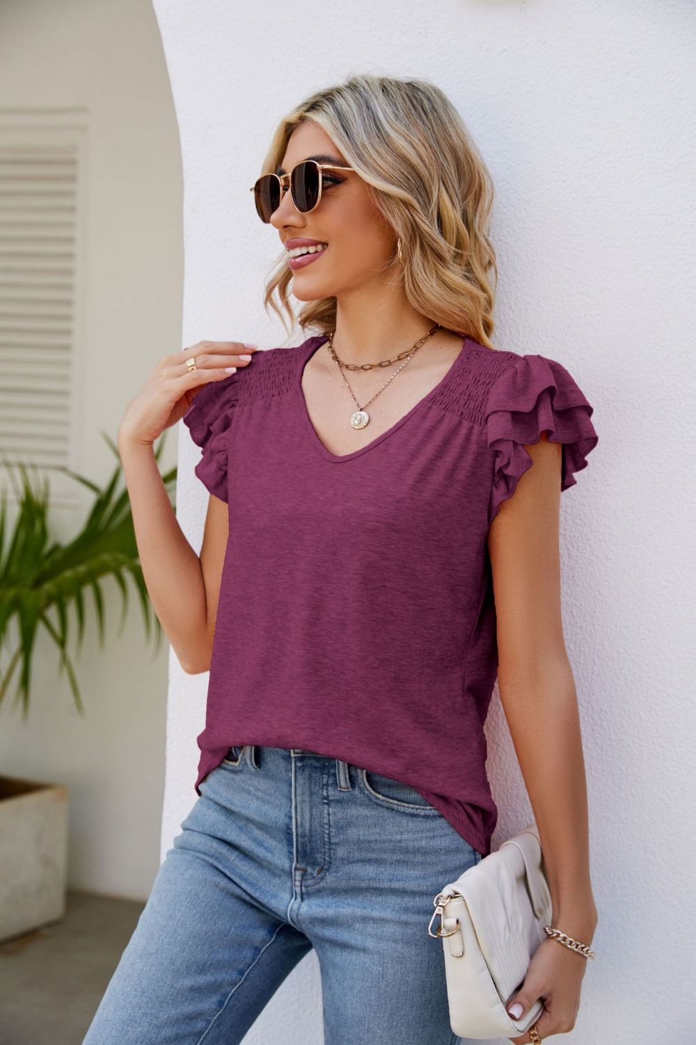 Smocked Flutter Sleeve V-Neck Top  Shirts & Tops- Doll Fits