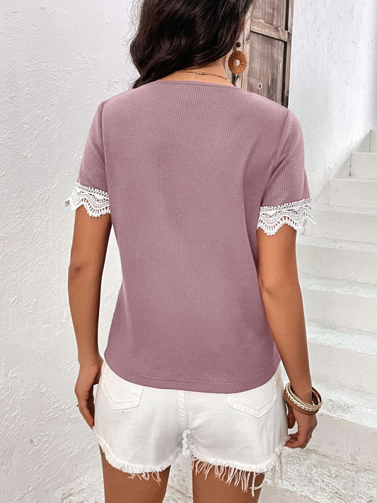 Decorative Button Spliced Lace Short Sleeve Top  Shirts & Tops- Doll Fits