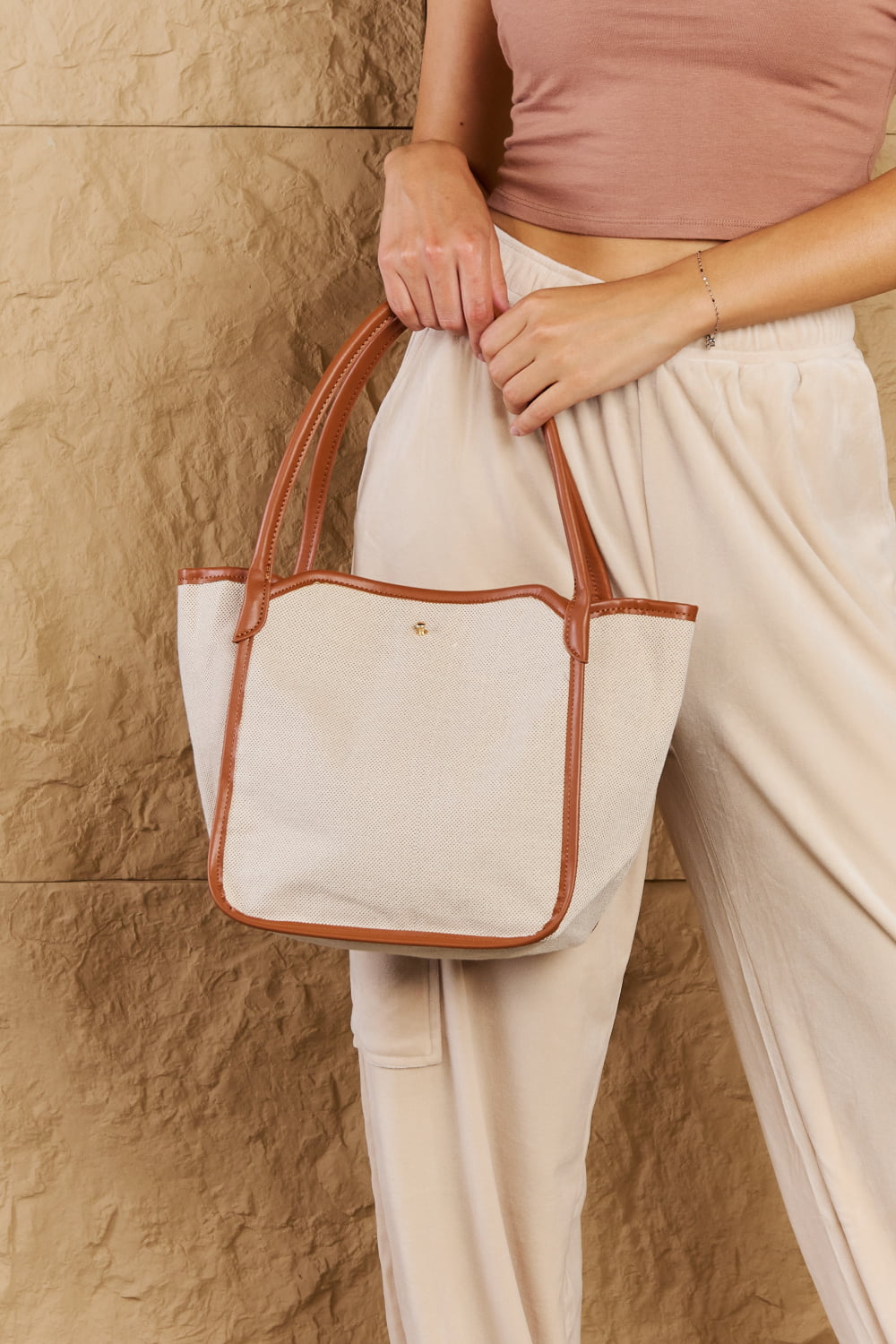 Fame Beach Chic Faux Leather Trim Tote Bag in Ochre  - Doll Fits