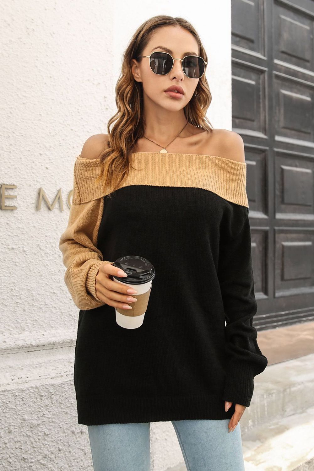 Ribbed Off-Shoulder Lantern Sleeve Pullover Sweater  - Doll Fits