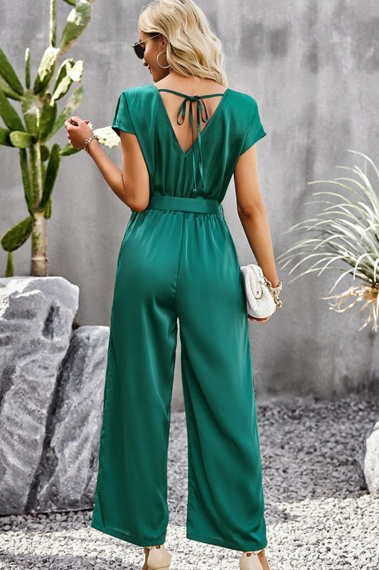 Tie Belt V-Neck Short Sleeve Jumpsuit  Jumpsuits & Rompers- Doll Fits