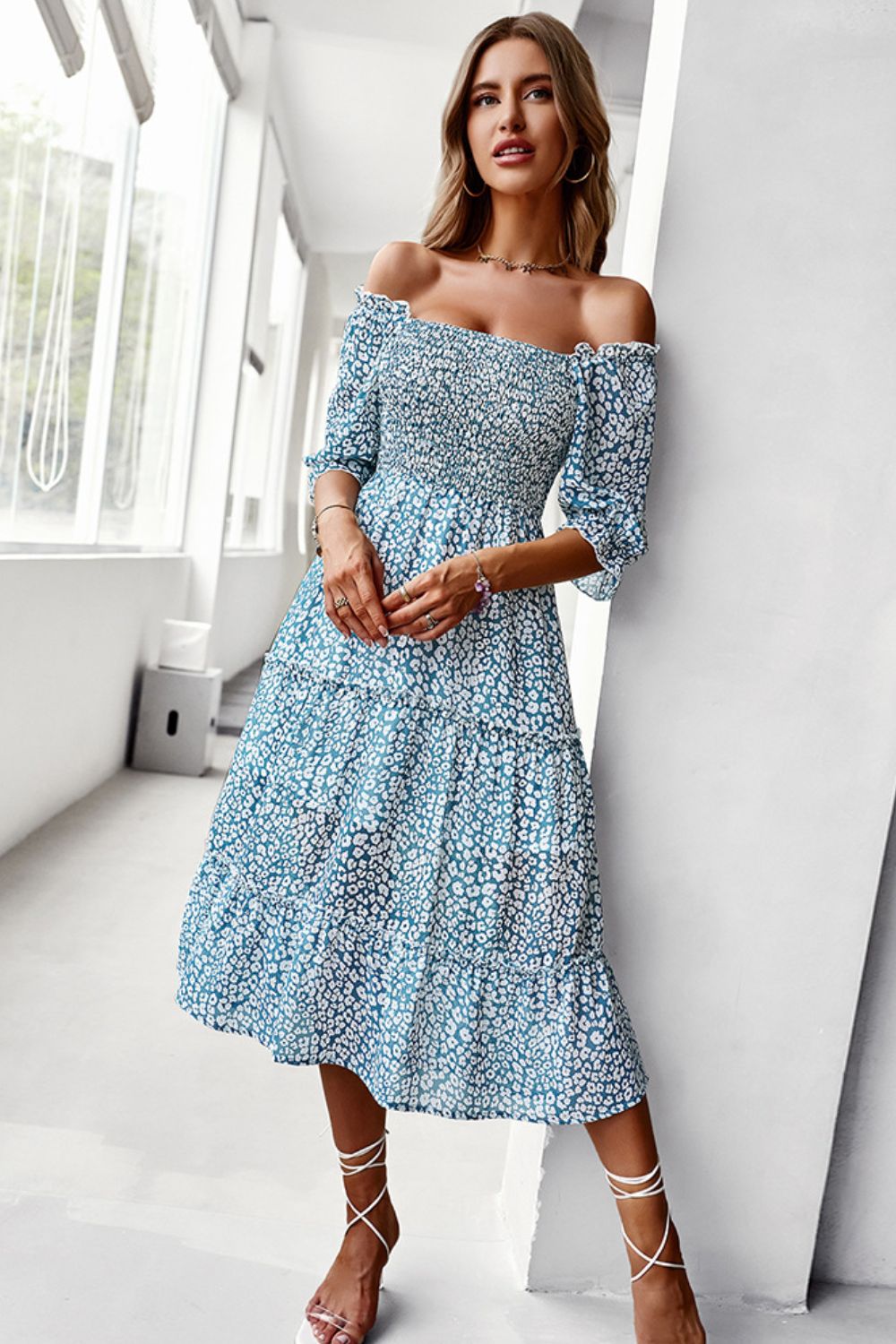 Ditsy Floral Off-Shoulder Smocked Midi Dress  Dresses- Doll Fits