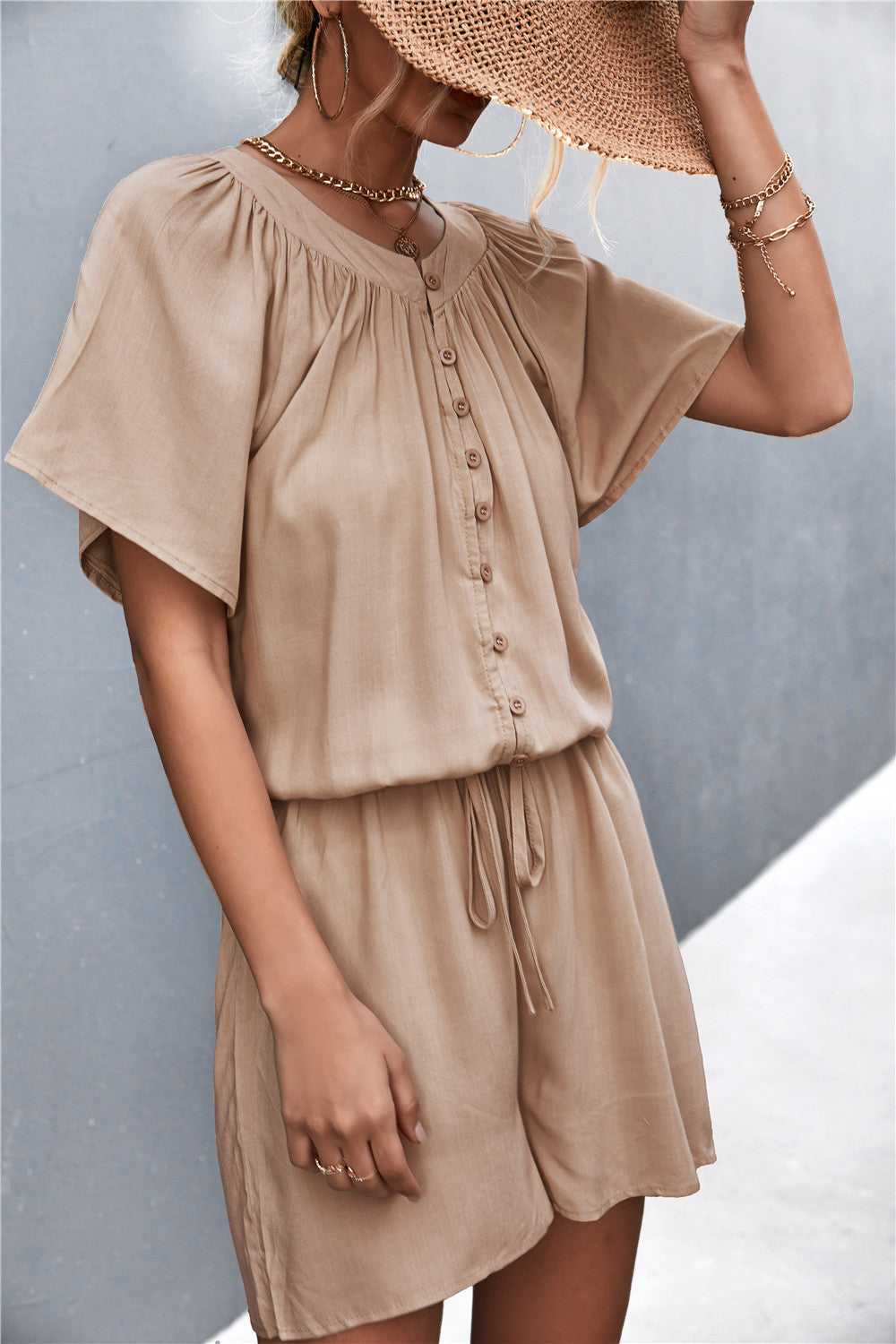 Buttoned Gather Detail Romper  Jumpsuits & Rompers- Doll Fits