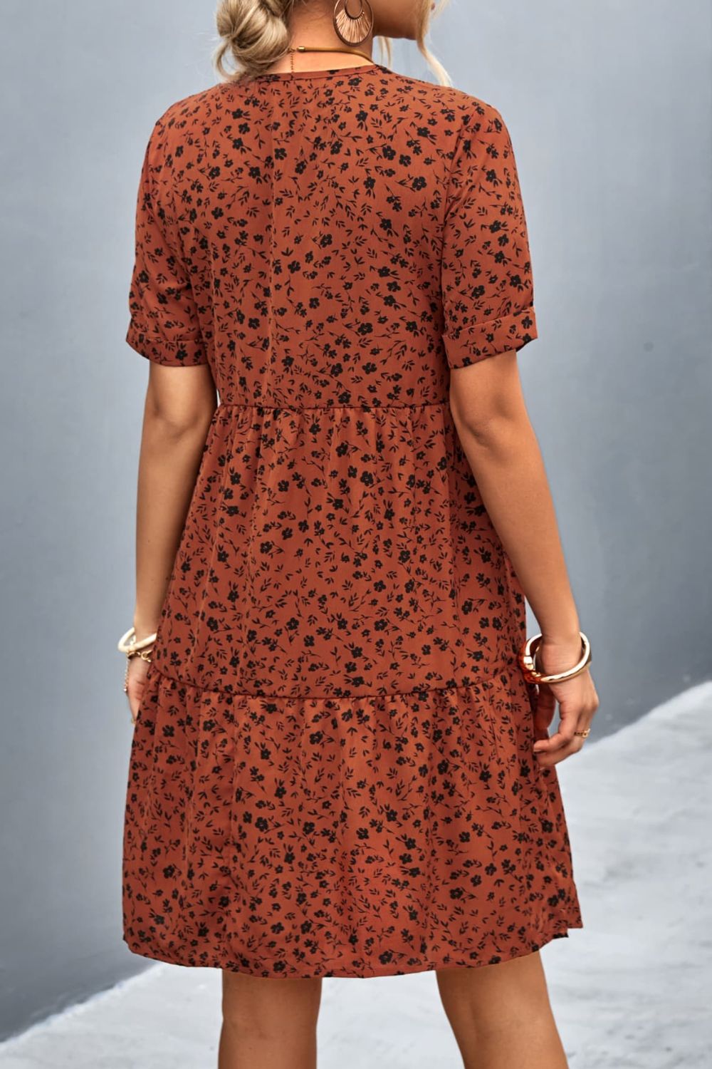 Ditsy Floral Empire Waist Plunge Short Sleeve Dress  Dresses- Doll Fits