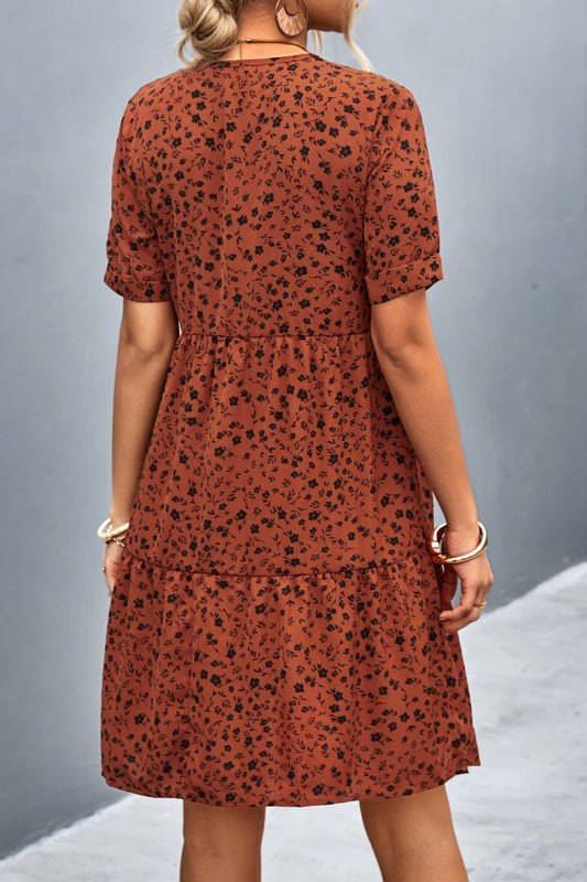 Ditsy Floral Empire Waist Plunge Short Sleeve Dress  Dresses- Doll Fits