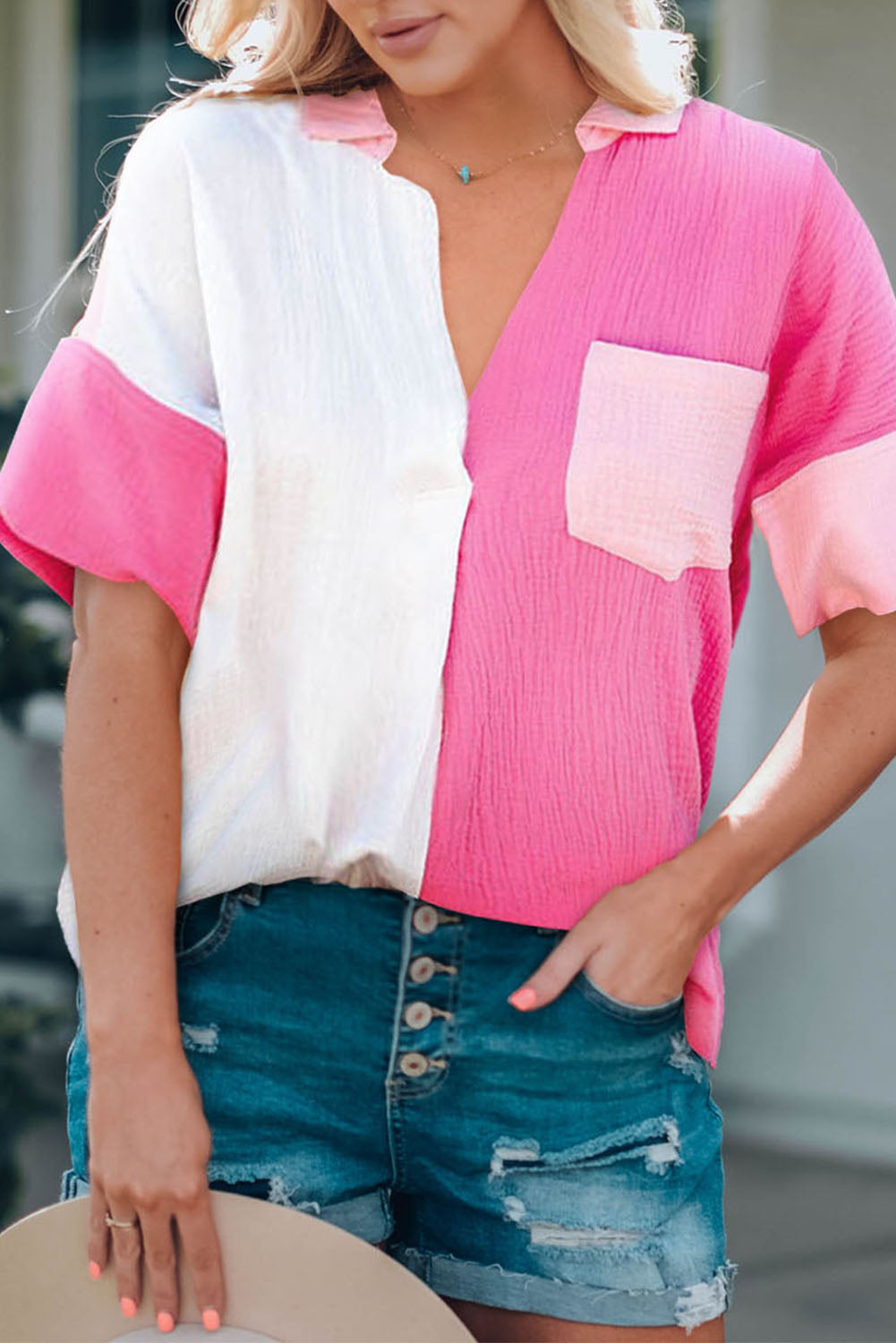 Color Block Textured Johnny Collar Blouse  Shirts & Tops- Doll Fits