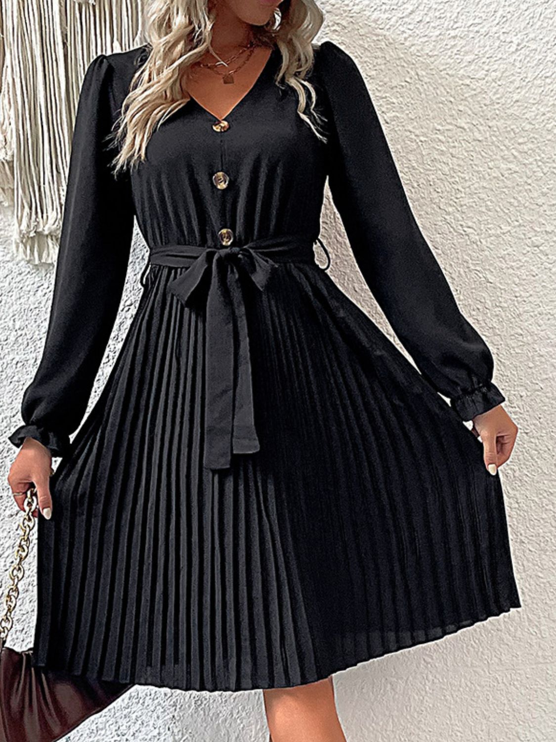 Decorative Button Belted Puff Sleeve Pleated Dress  Dresses- Doll Fits
