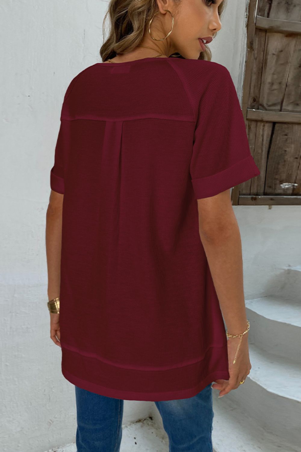 Cuffed Sleeve Henley Top  Shirts & Tops- Doll Fits