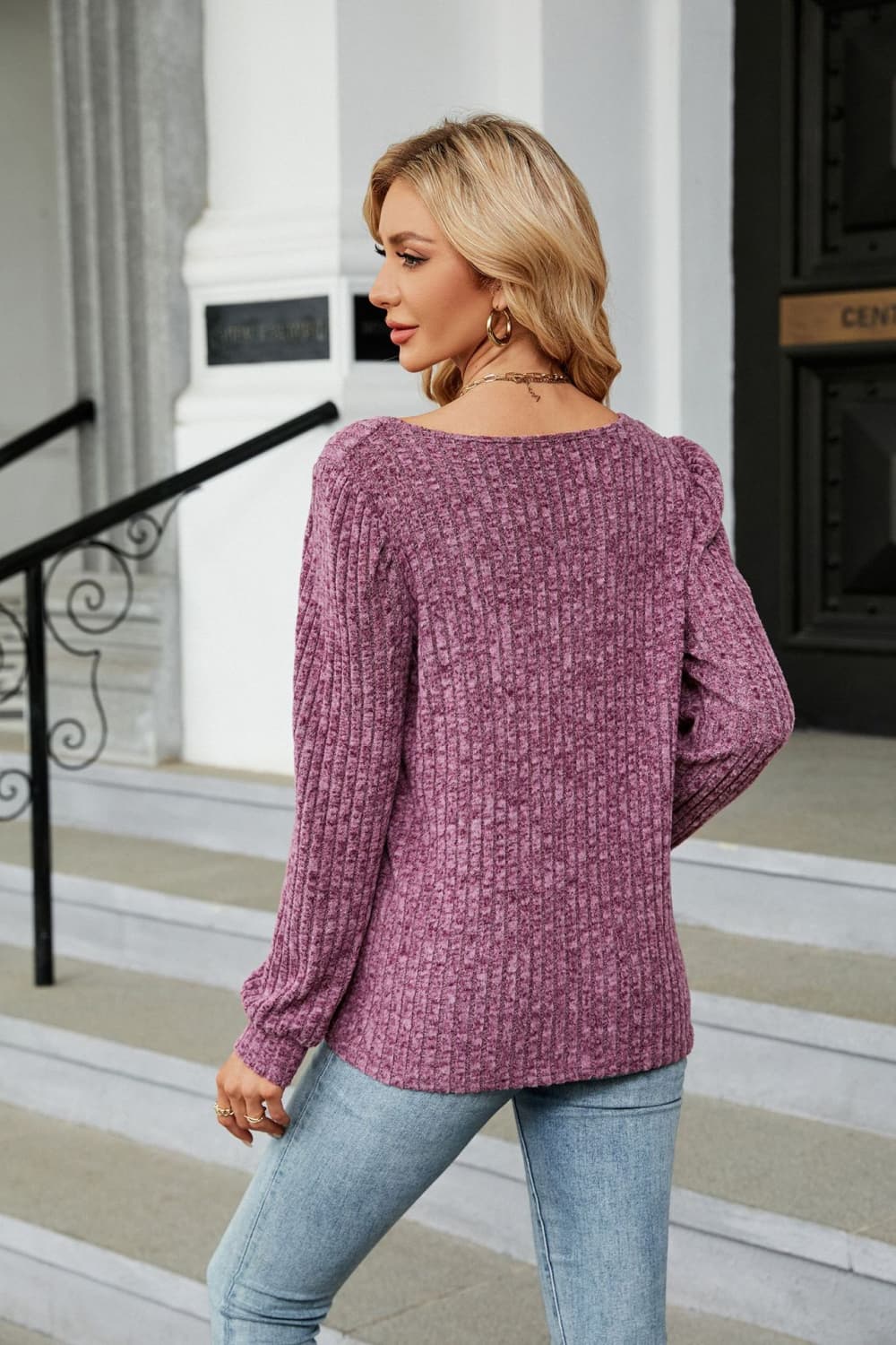Ribbed Square Neck Long Sleeve T-Shirt  - Doll Fits
