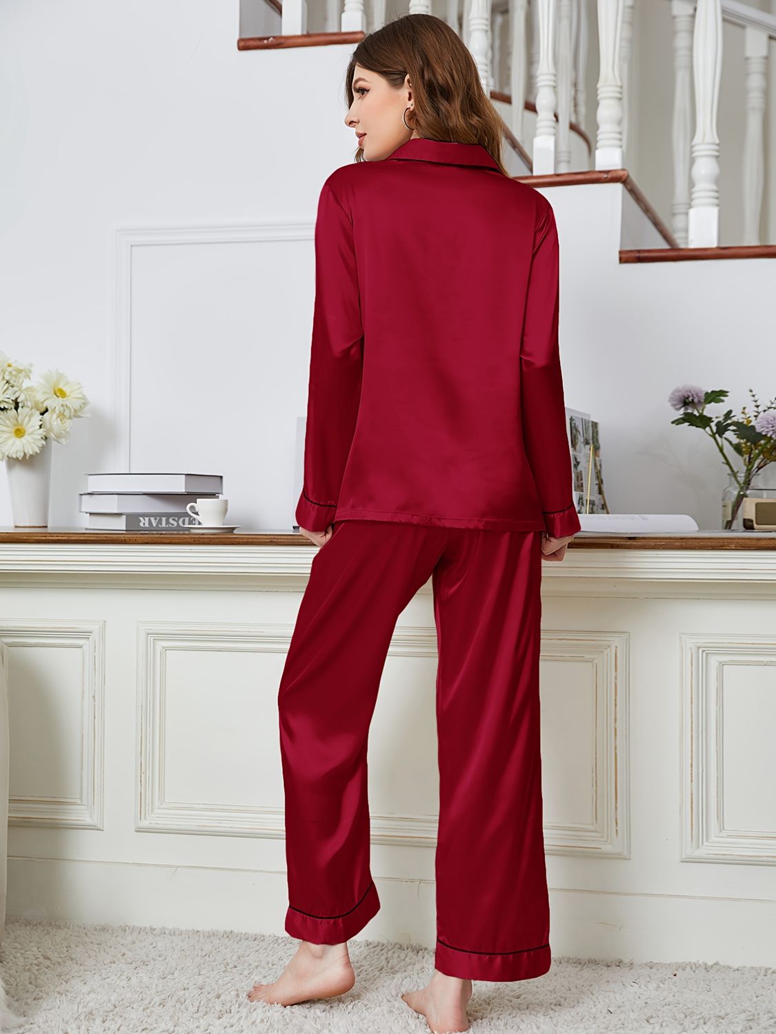 Lapel Collar Long Sleeve Top and Pants Pajama Set  - Doll Fits