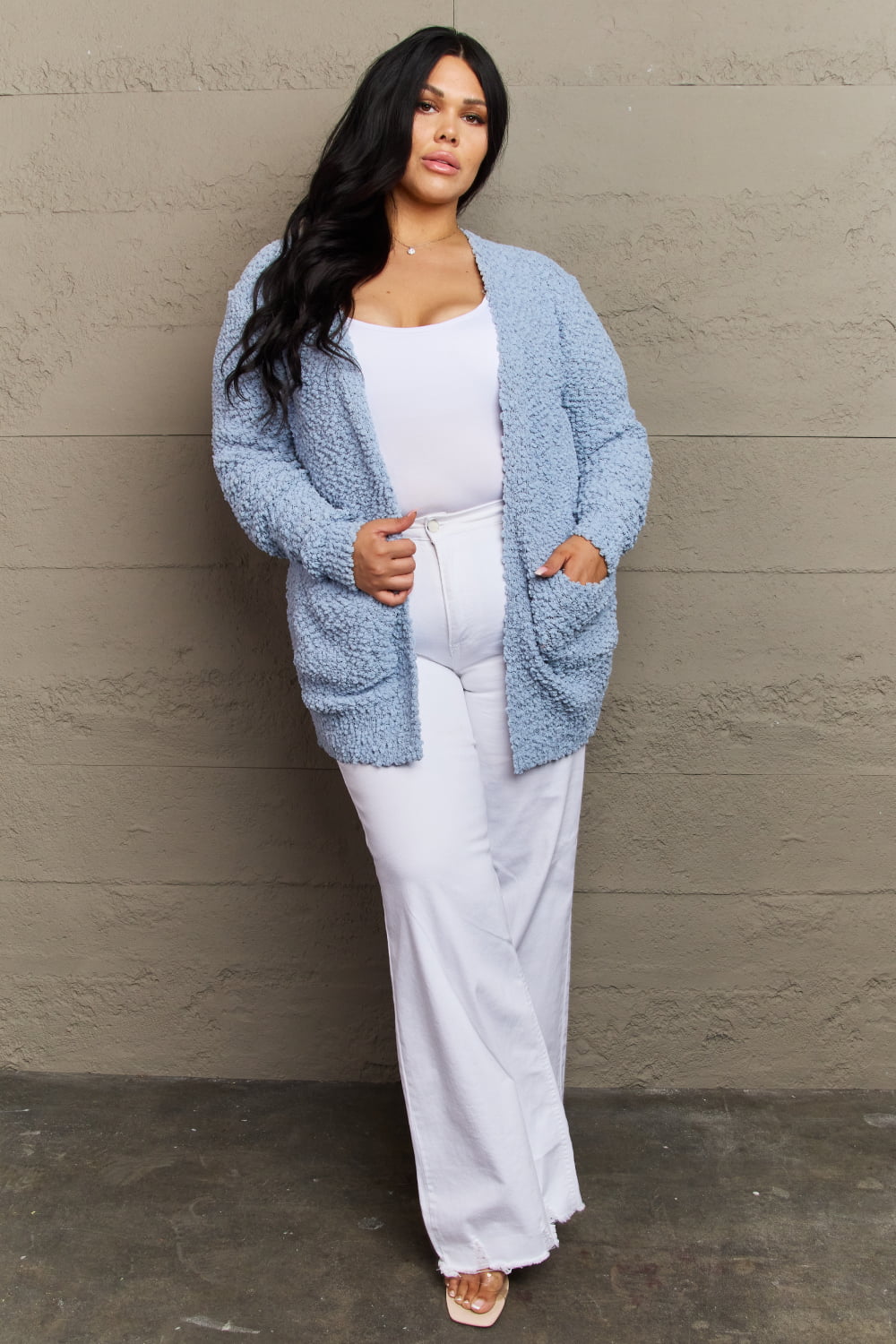 Zenana Falling For You Full Size Open Front Popcorn Cardigan  Coats & Jackets- Doll Fits