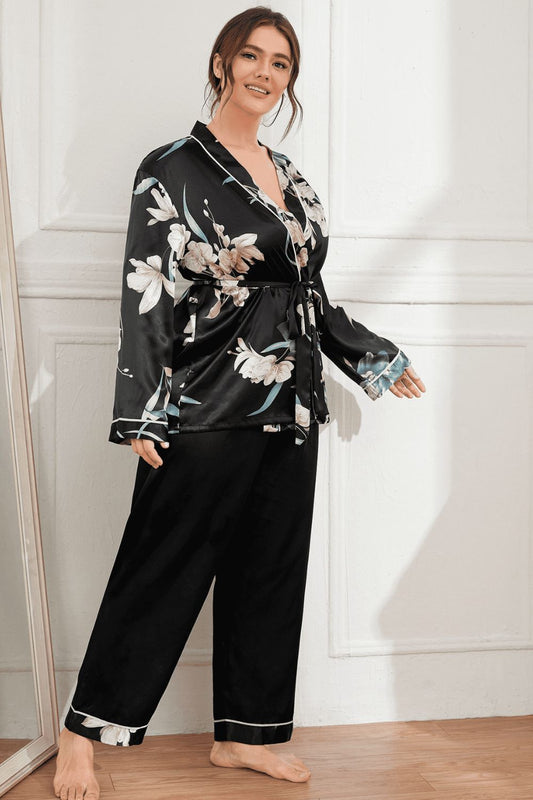 Plus Size Floral Belted Robe and Pants Pajama Set  Sleepwear & Loungewear- Doll Fits