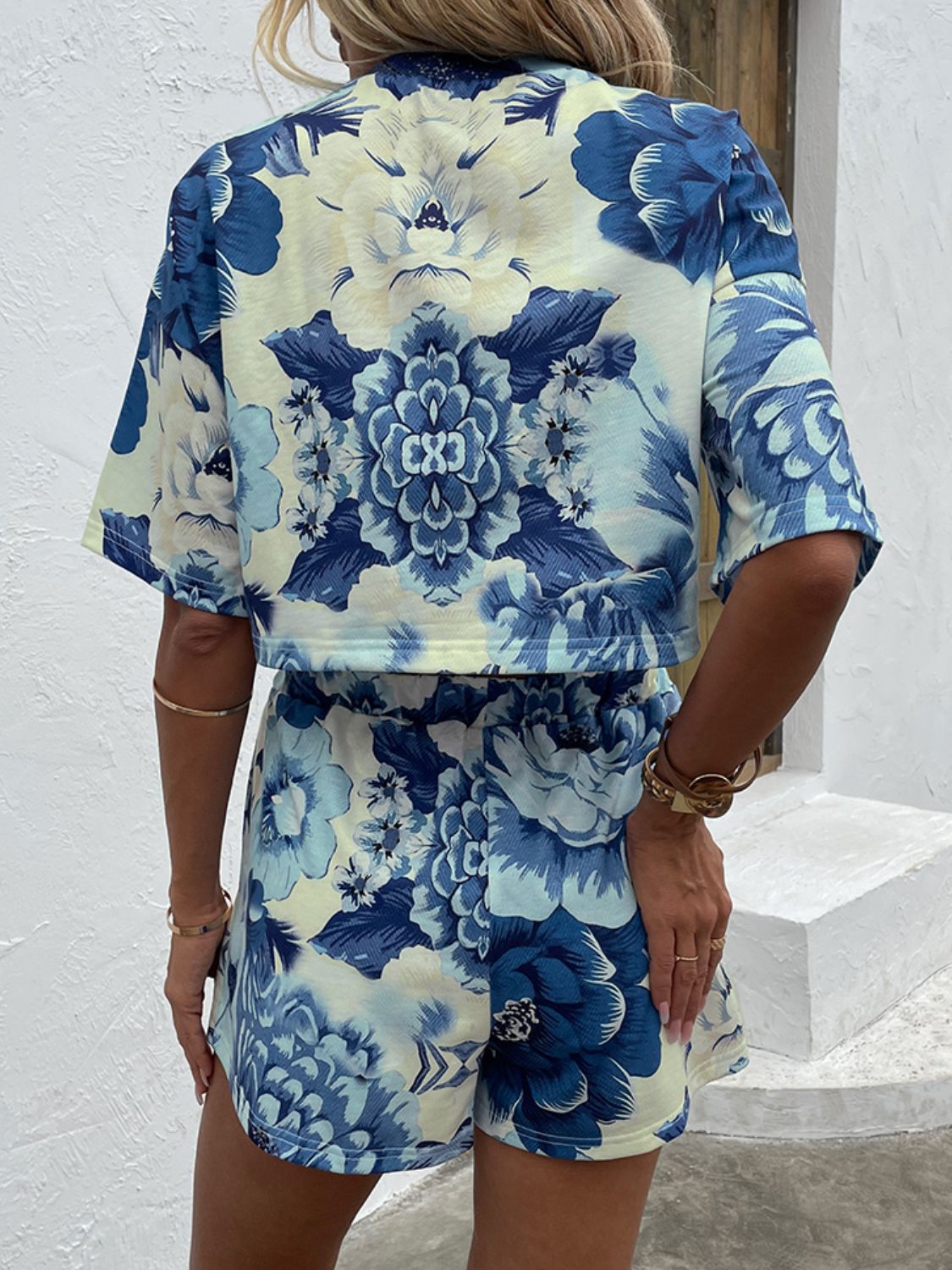Floral Print Round Neck Dropped Shoulder Half Sleeve Top and Shorts Set  Outfit Sets- Doll Fits