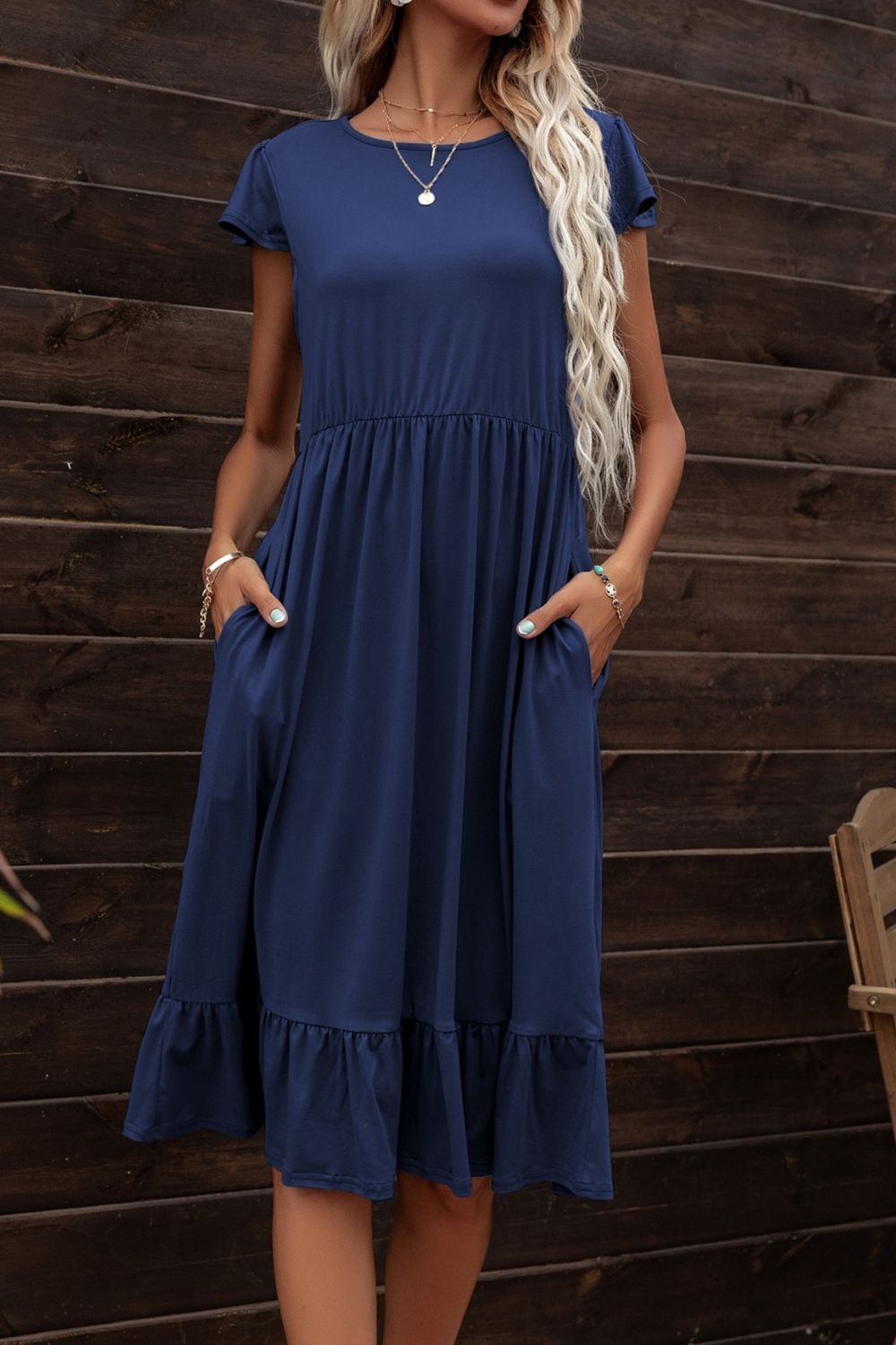 Round Neck Ruffle Hem Pocket Dress  Dresses- Doll Fits