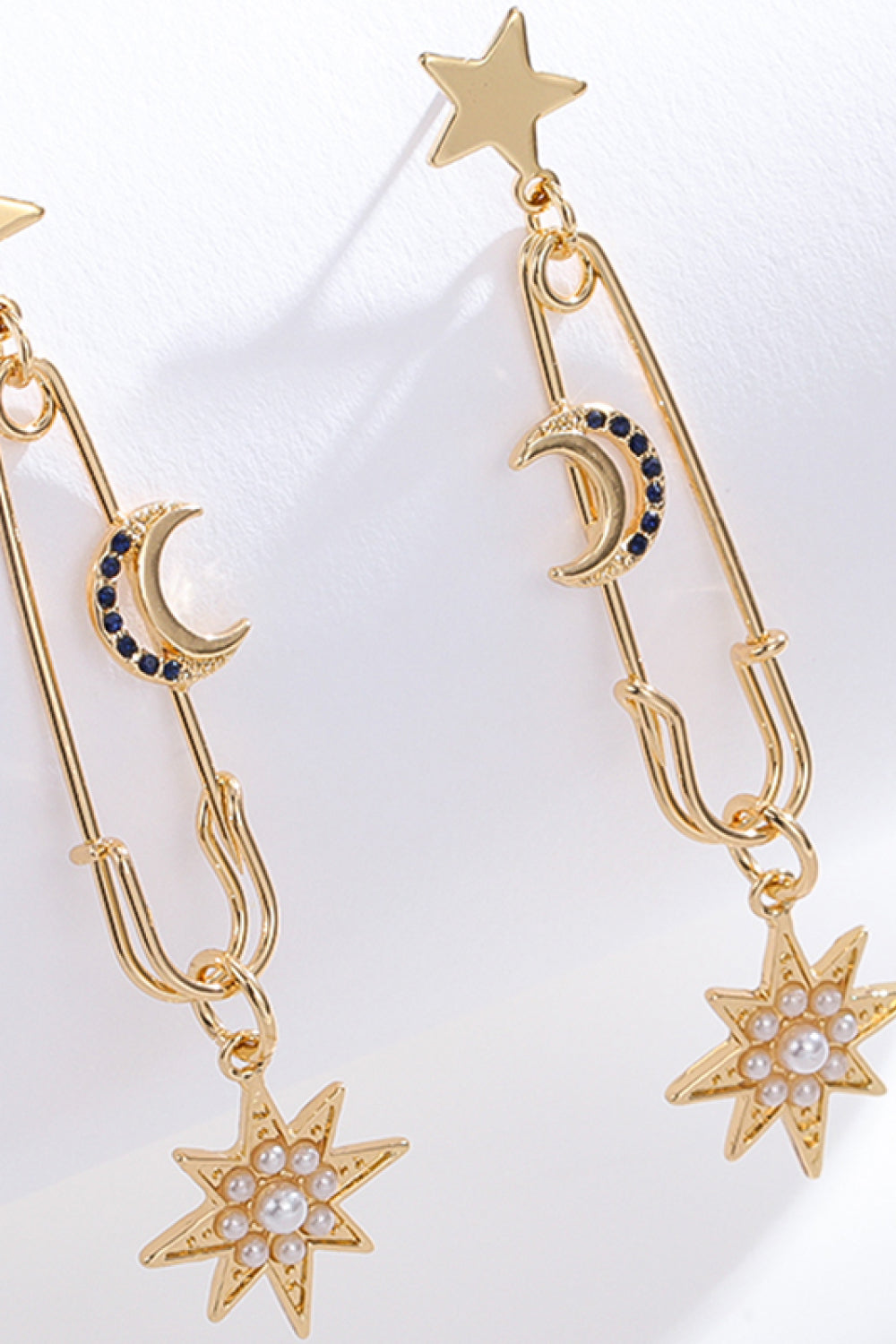 Inlaid Pearl Star and Moon Drop Earrings  Earrings- Doll Fits