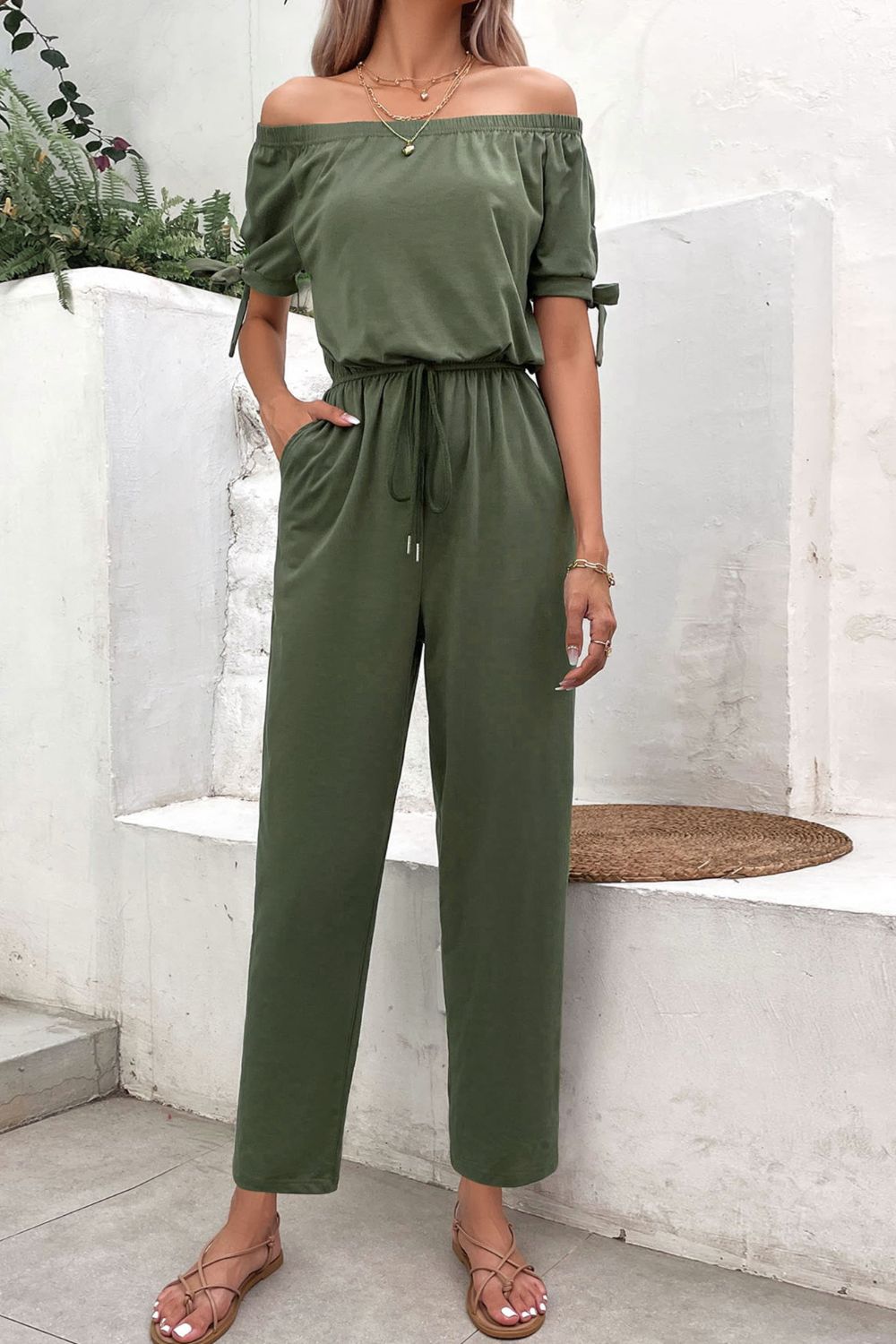 Off-Shoulder Tie Cuff Jumpsuit with Pockets  Jumpsuits & Rompers- Doll Fits