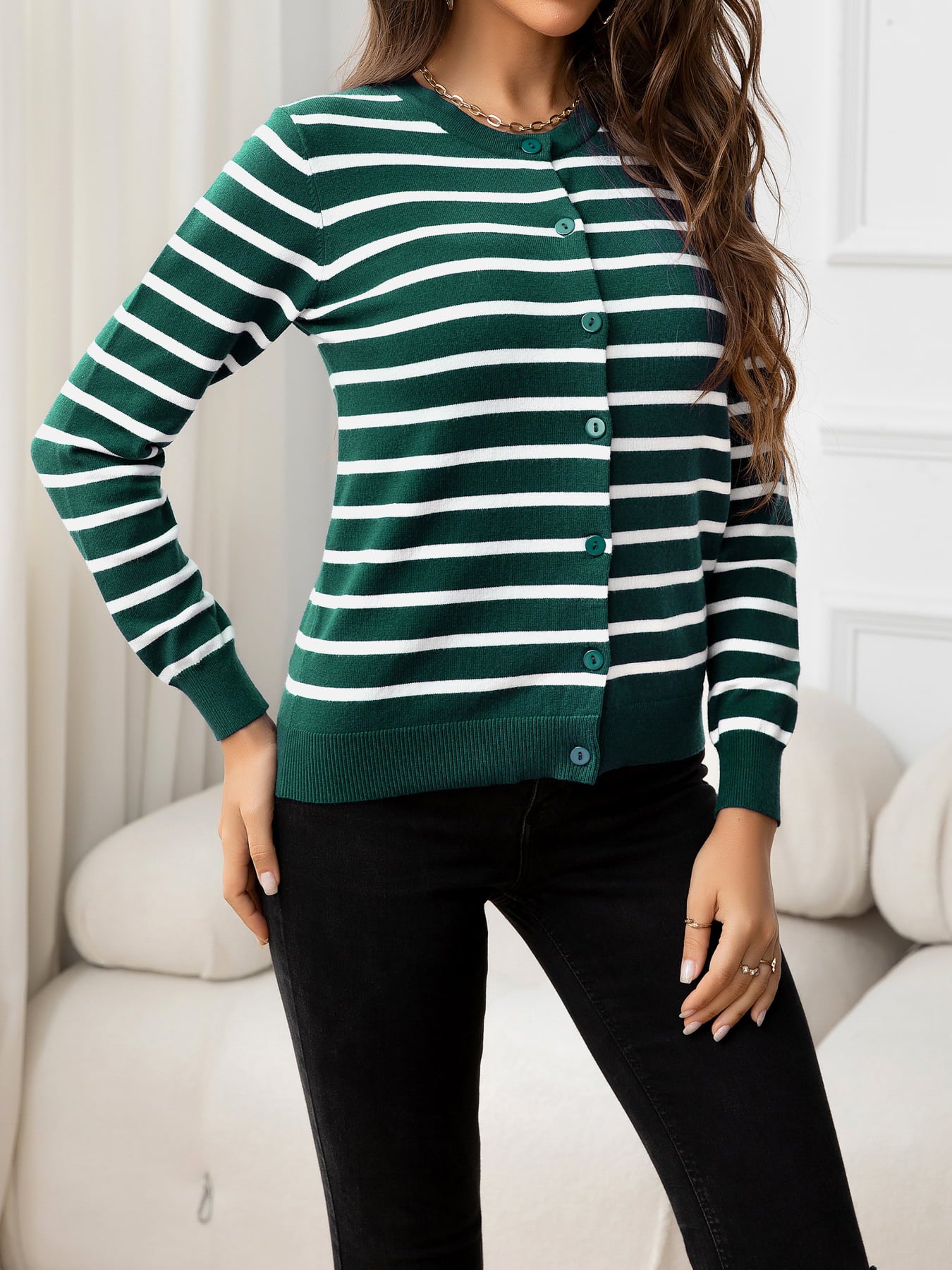 Striped Round Neck Long Sleeve Buttoned Knit Top  Shirts & Tops- Doll Fits