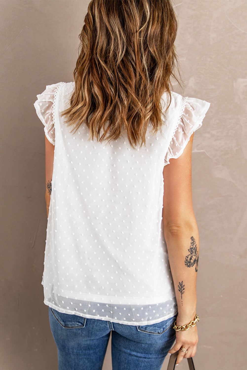 Swiss Dot Flutter Sleeve Round Neck Top  Shirts & Tops- Doll Fits