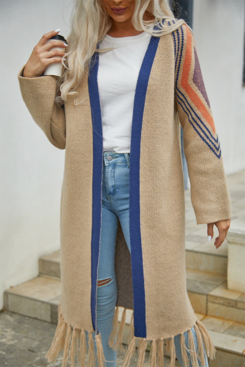 Double Take Geometric Fringe Hem Open Front Duster Cardigan  - Doll Fits