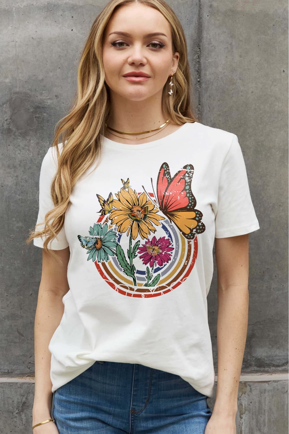Simply Love Full Size Flower & Butterfly Graphic Cotton Tee  Shirts & Tops- Doll Fits