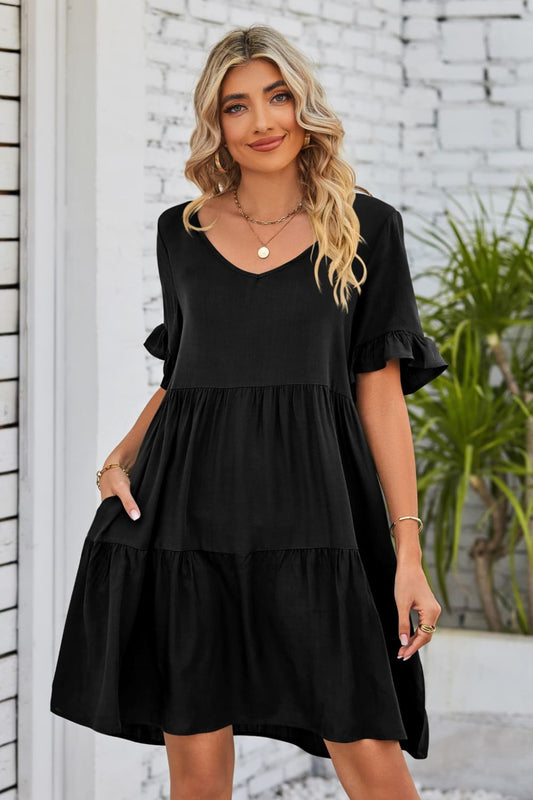 V-Neck Flounce Sleeve Tiered Dress  Dresses- Doll Fits