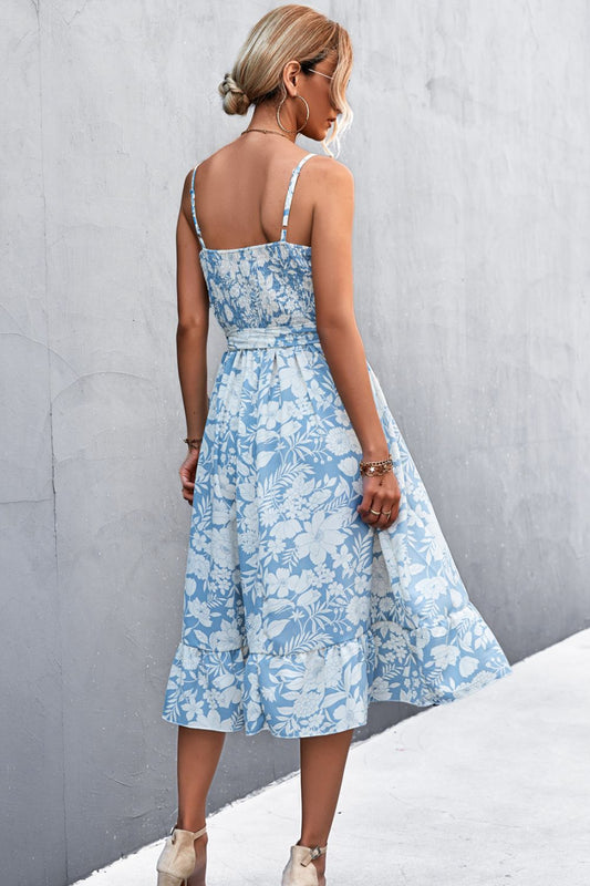 Floral Frill Trim Scoop Neck Spaghetti Strap Dress  Dresses- Doll Fits
