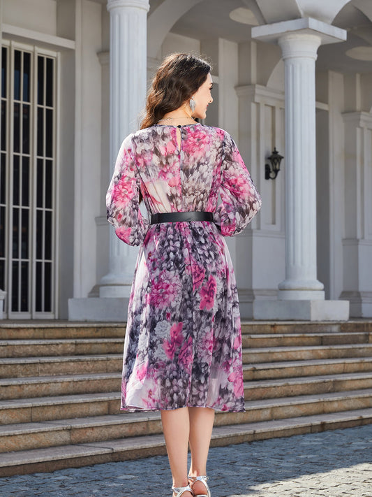 Floral Print Round Neck Balloon Sleeve Midi Dress  Dresses- Doll Fits