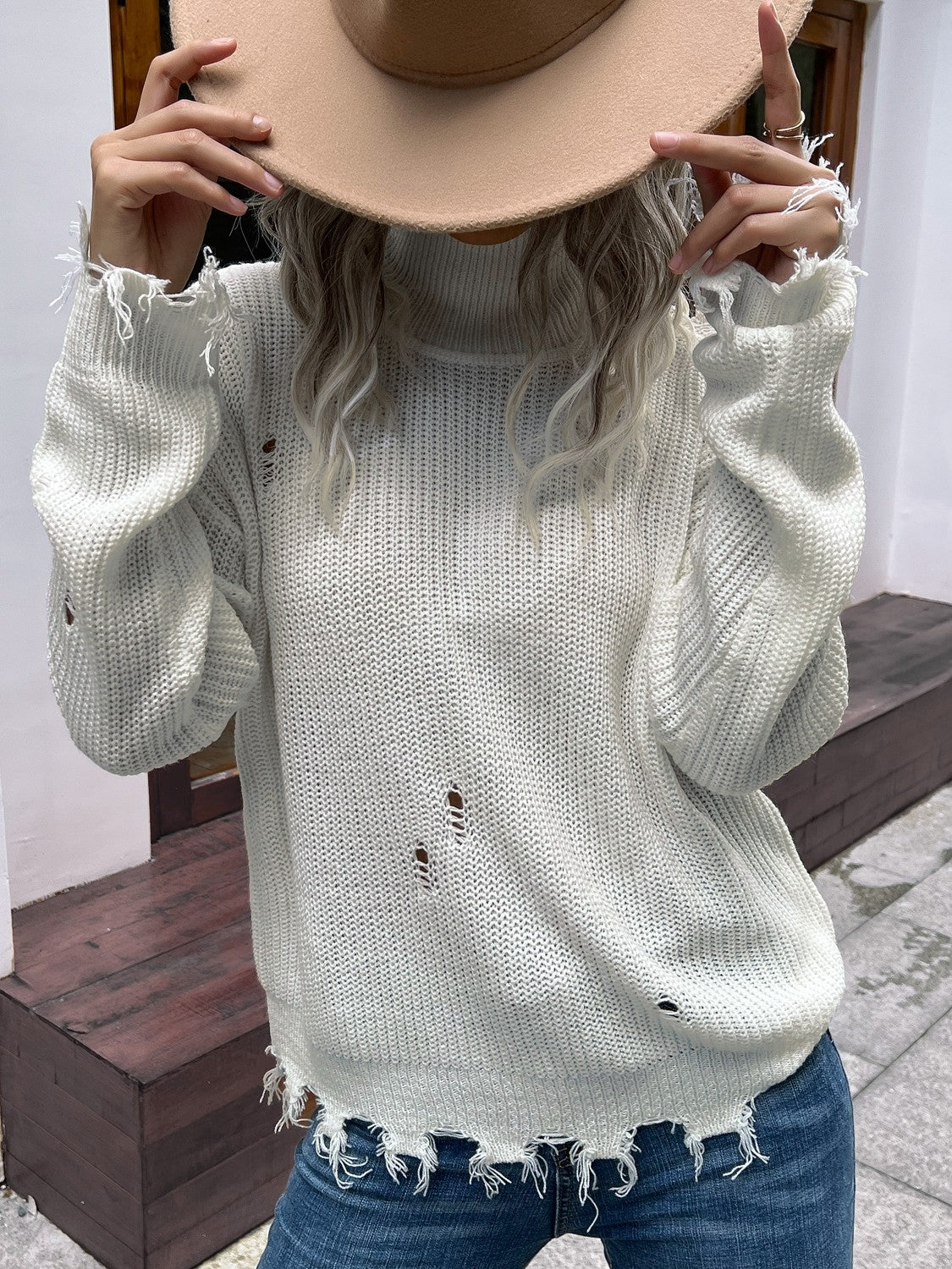 Distressed High Neck Cold-Shoulder Sweater  Shirts & Tops- Doll Fits