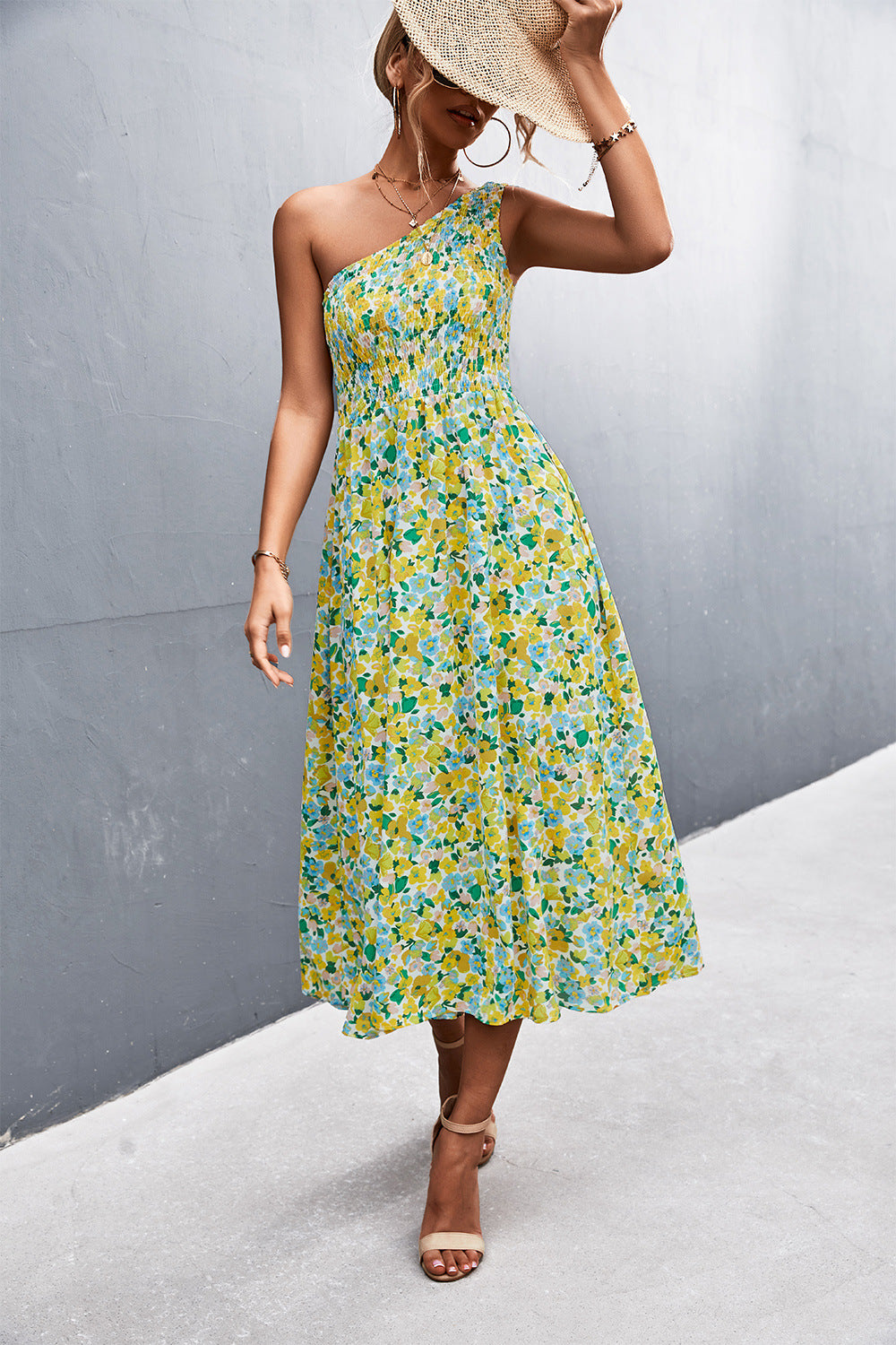Floral Smocked One-Shoulder Midi Dress  Dresses- Doll Fits