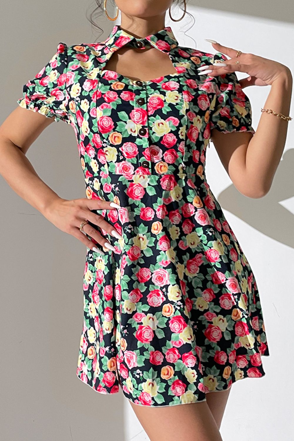 Floral Buttoned Cutout Puff Sleeve Dress  Dresses- Doll Fits