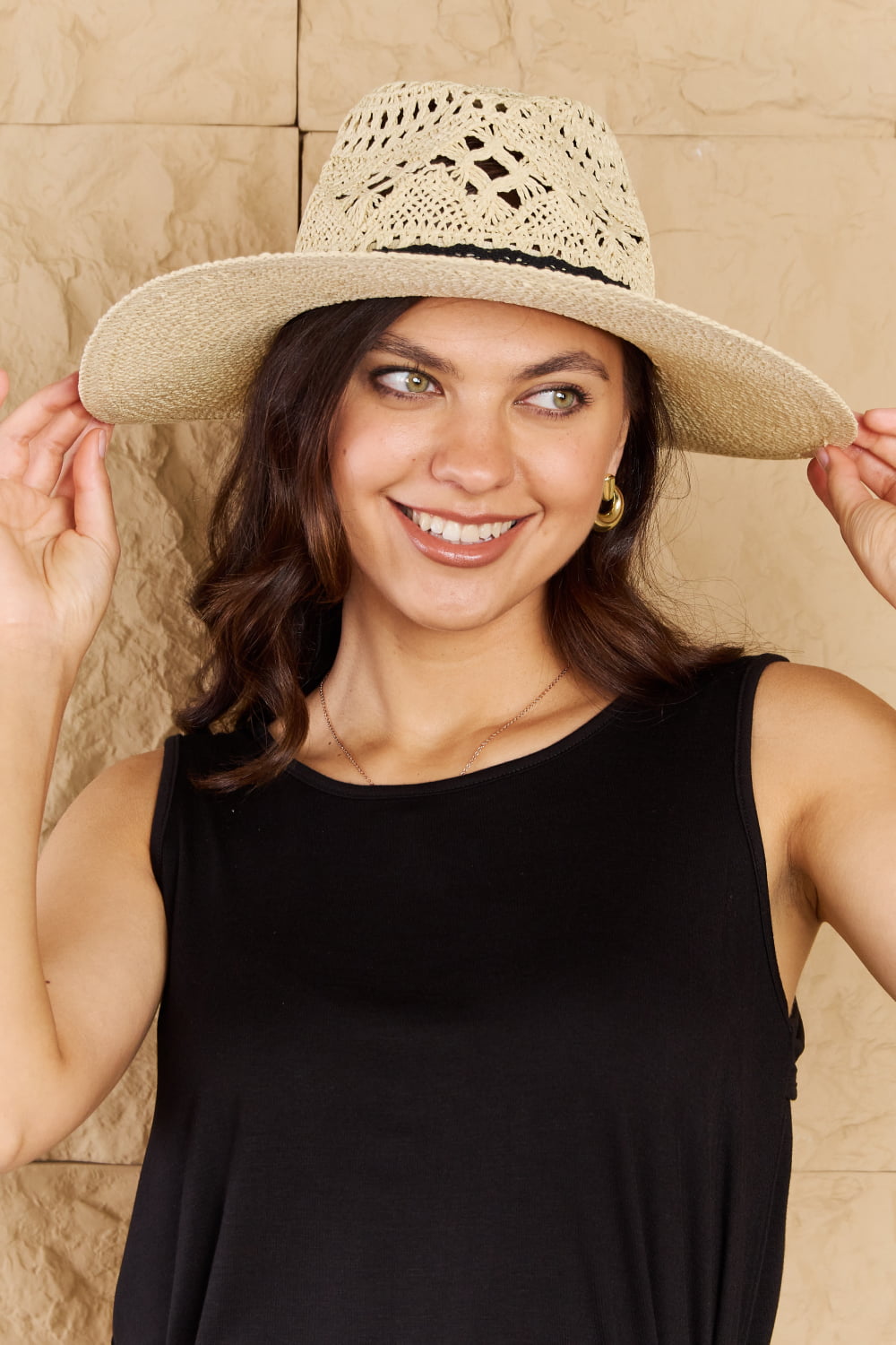 Fame Fight Through It Lace Detail Straw Braided Fashion Sun Hat  - Doll Fits