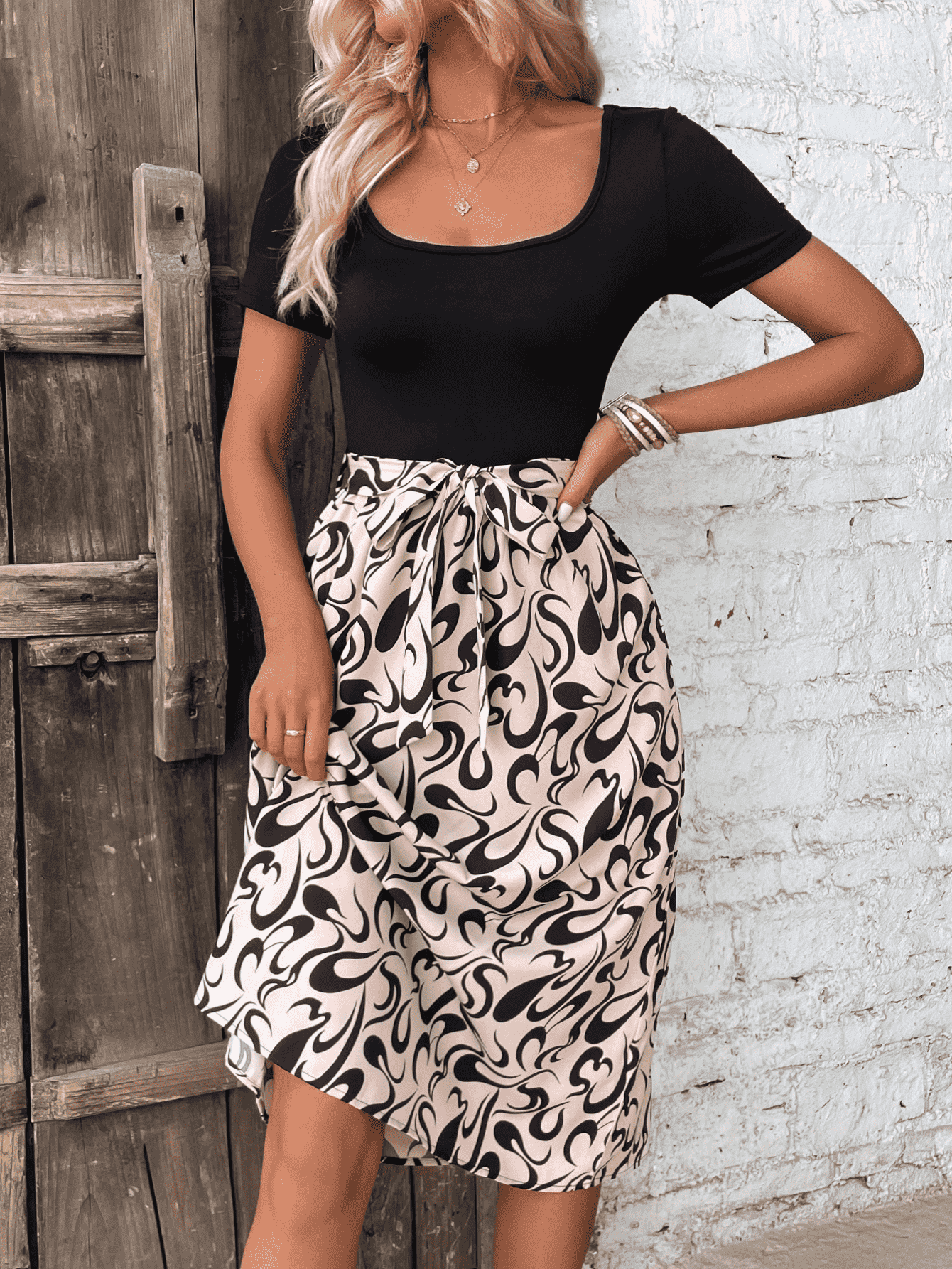 Printed Tie Waist Short Sleeve Dress  Dresses- Doll Fits