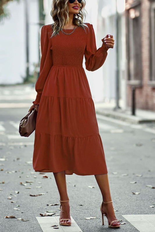 Smocked Long Puff Sleeve Tiered Midi Dress  Dresses- Doll Fits