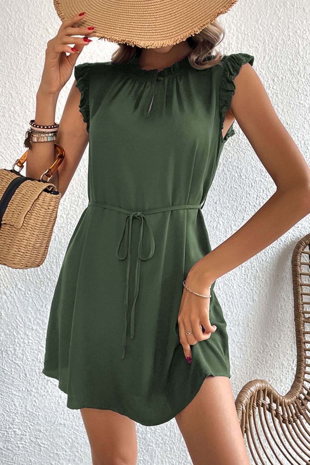 Ruffled Tie-Waist Keyhole Dress  Dresses- Doll Fits
