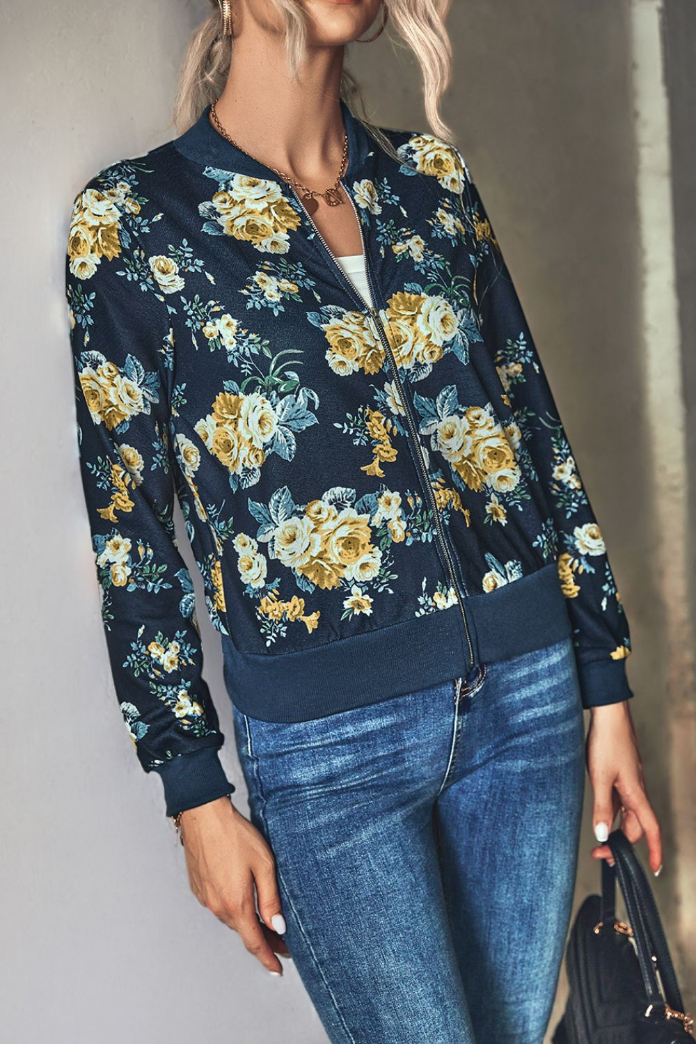Floral Zip Up Ribbed Trim Bomber Jacket  Coats & Jackets- Doll Fits