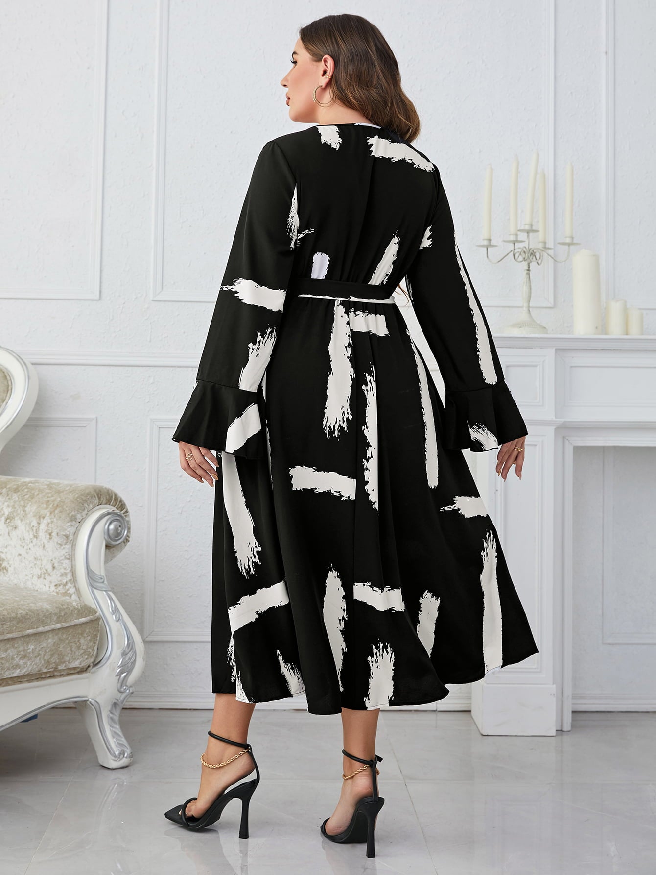 Melo Apparel Plus Size Printed Tie Belt Flare Sleeve Round Neck Midi Dress  Dresses- Doll Fits