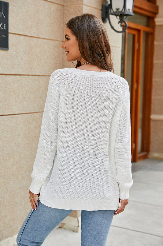 Raglan Sleeve Ribbed Trim Plunge Knit Top  Shirts & Tops- Doll Fits