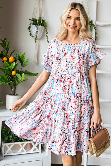 Printed Short Flounce Sleeve Tiered Dress  Dresses- Doll Fits