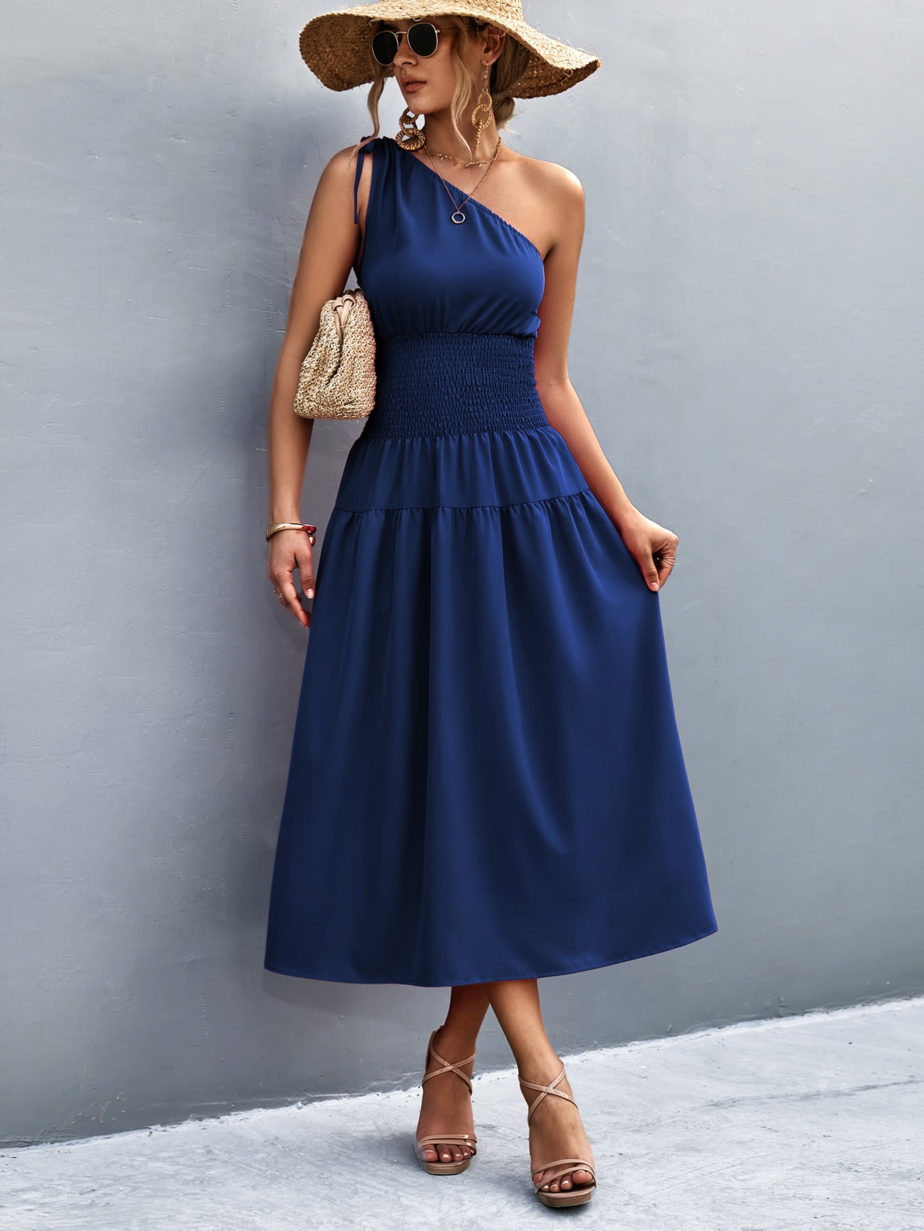 Asymmetrical One Shoulder Smocked Waist Midi Dress  Dresses- Doll Fits