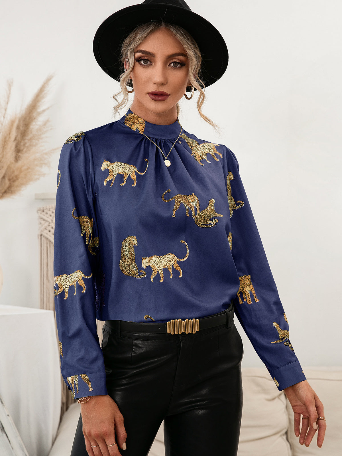Leopard Graphic Mock Neck Puff Sleeve Blouse  Shirts & Tops- Doll Fits