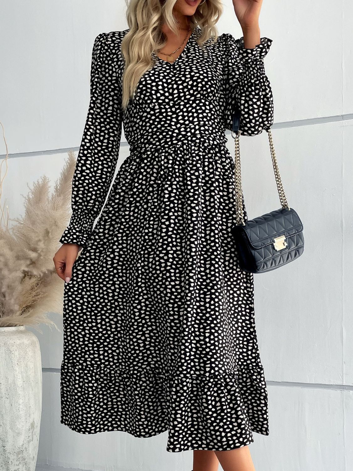 Printed Flounce Sleeve V-Neck Midi Dress  Dresses- Doll Fits
