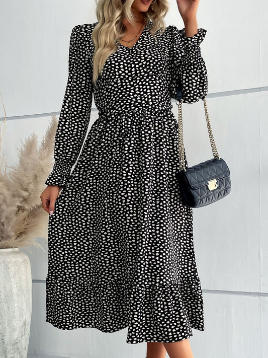 Printed Flounce Sleeve V-Neck Midi Dress  Dresses- Doll Fits